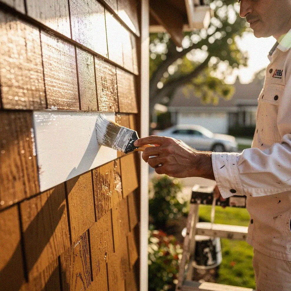 Professional painter working on exterior trim of a Berkeley Craftsman bungalow