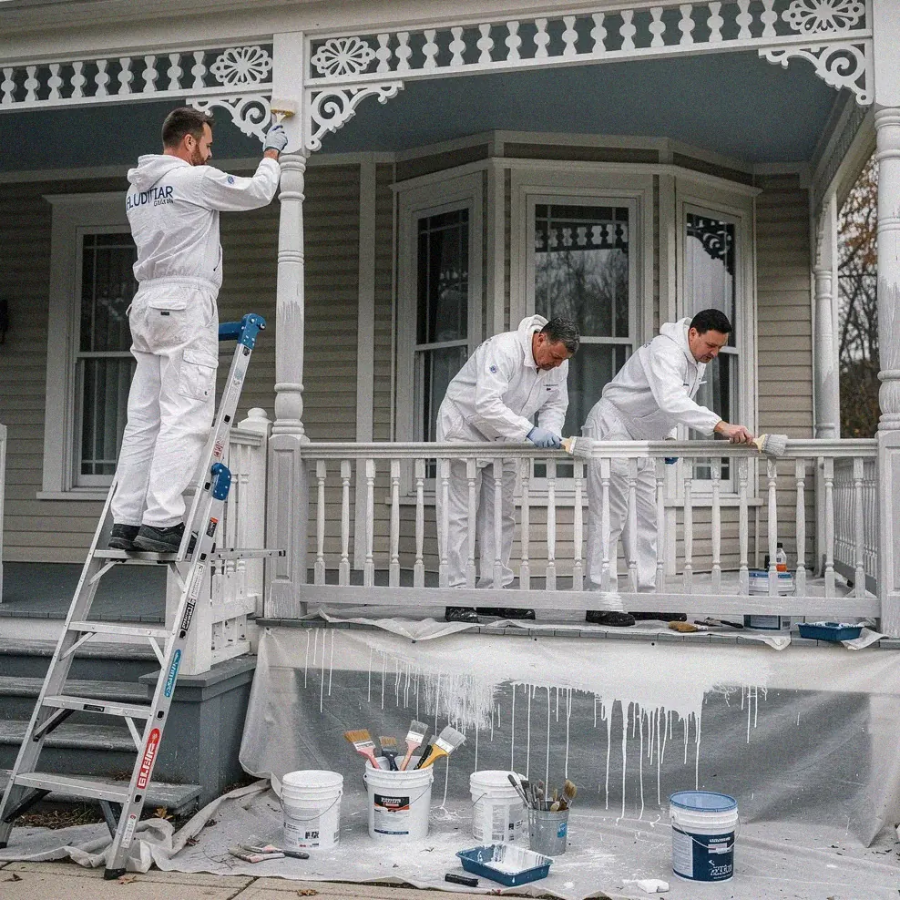 Painting crew applying paint to a Victorian home exterior with drop cloths on the porch